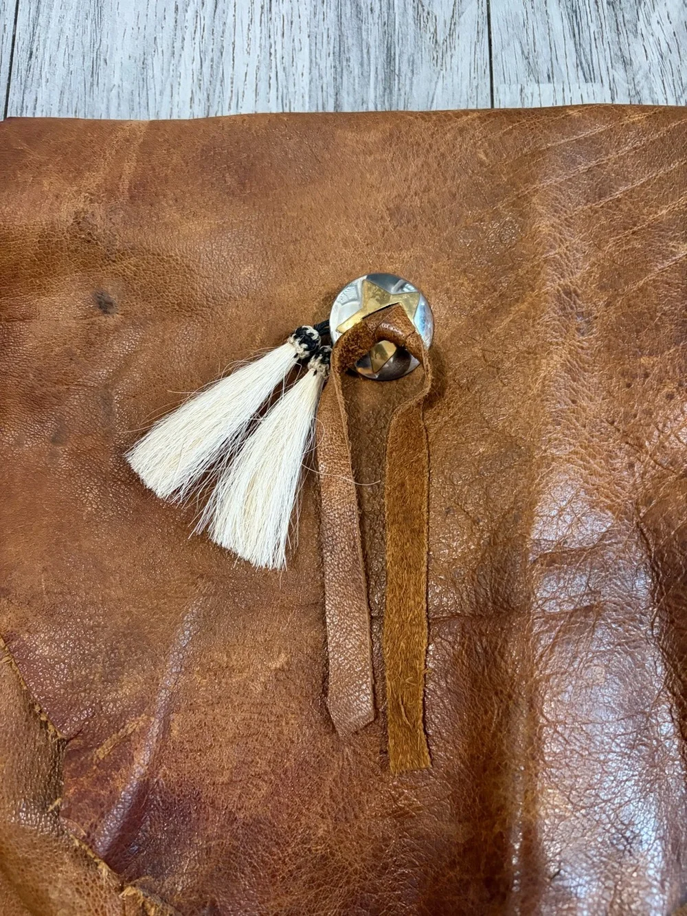Ralph Lauren Double RL Brown Leather Artisanal Bag with Hair Tassel Concho RRL